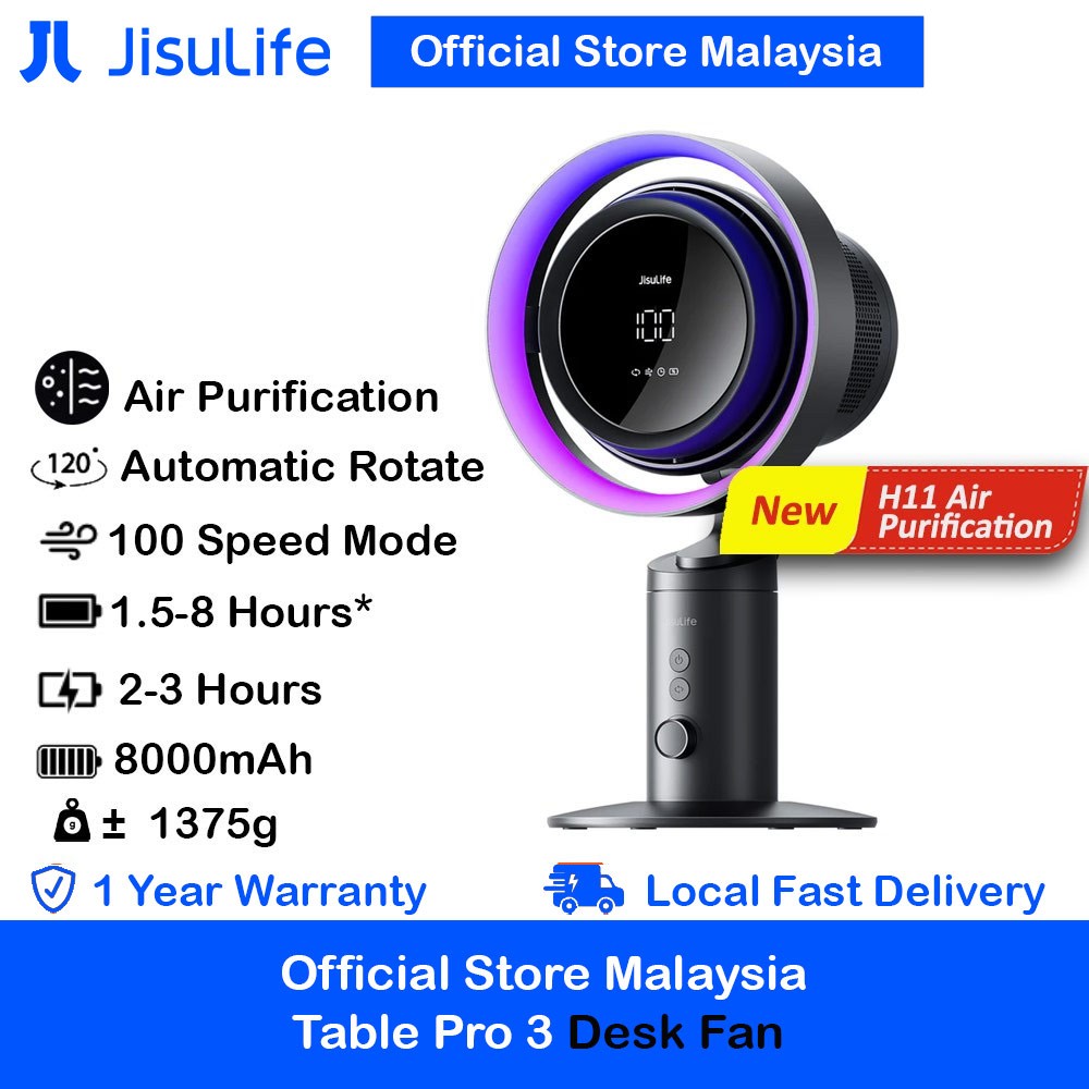 Jisulife Table Fan Pro3 3-in-1 Turbo Desk Fan 100-Speed Control Oscillation & Flexible Tilt Desk Fan
